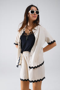 Contrast Scallop Trim Linen Shirt in Beige