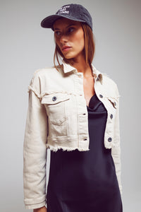 Cropped denim trucker jacket in beige