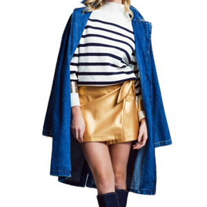 Jackie Long Denim Jacket/ Dress + Marina Cozy Stripe Sweater + Kimberly Faux Leather Mini Skirt (Wrap)